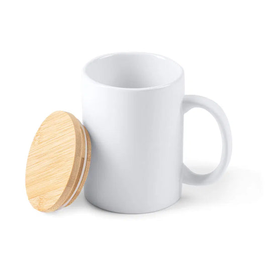 11 oz white ceramic mugs with bamboo lid and spoon